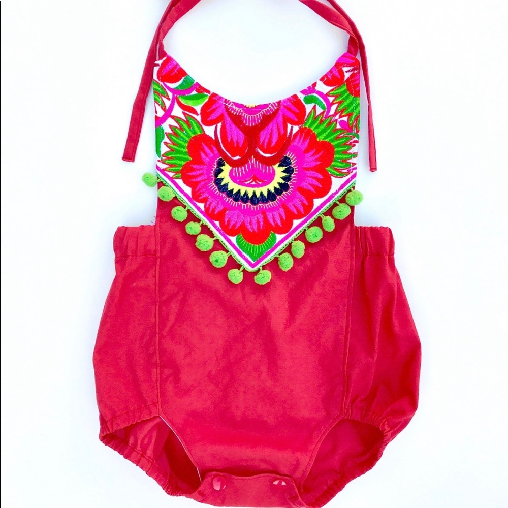 12-18 mo Red Boho Embroidered Romper